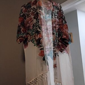 Floral Sheer Flare  Kimono with Fringe